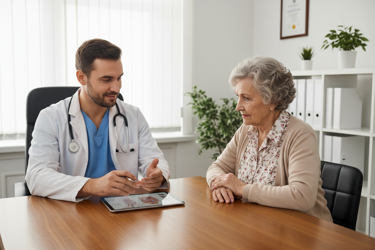 A male doctor in a white coat explains medical information on a tablet to an elderly female patient sitting across from him at a desk.