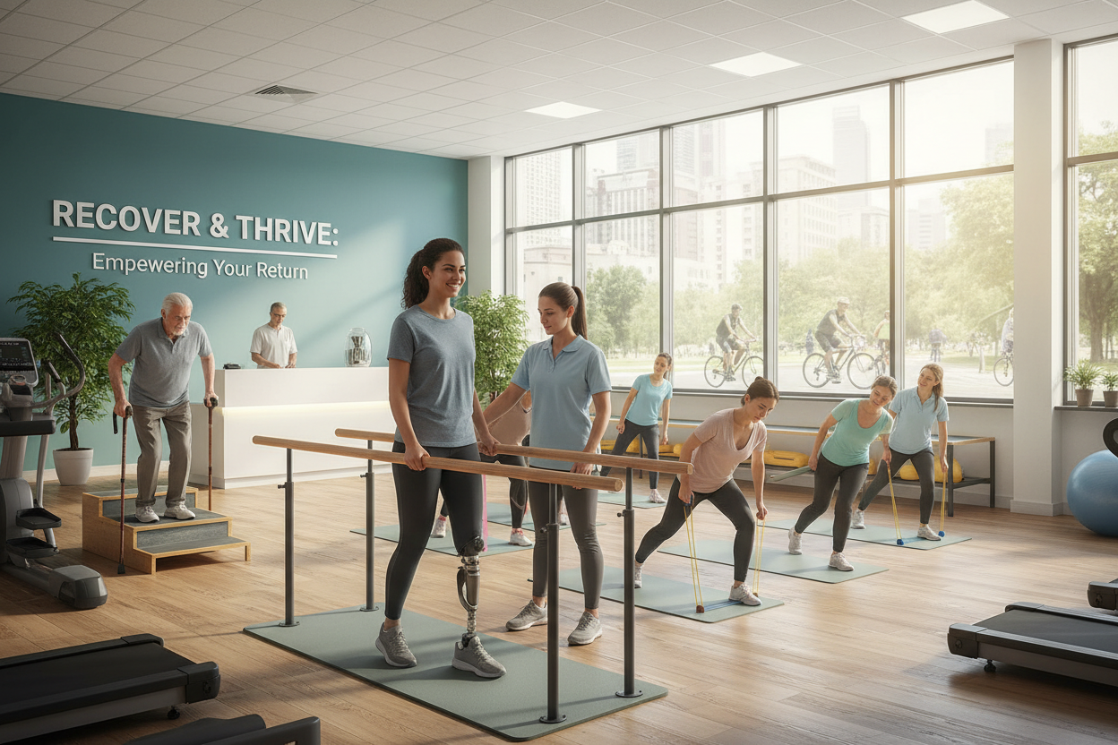 A physical therapist assists a woman with a prosthetic leg using parallel bars in a bright, modern rehabilitation clinic where other patients are exercising.