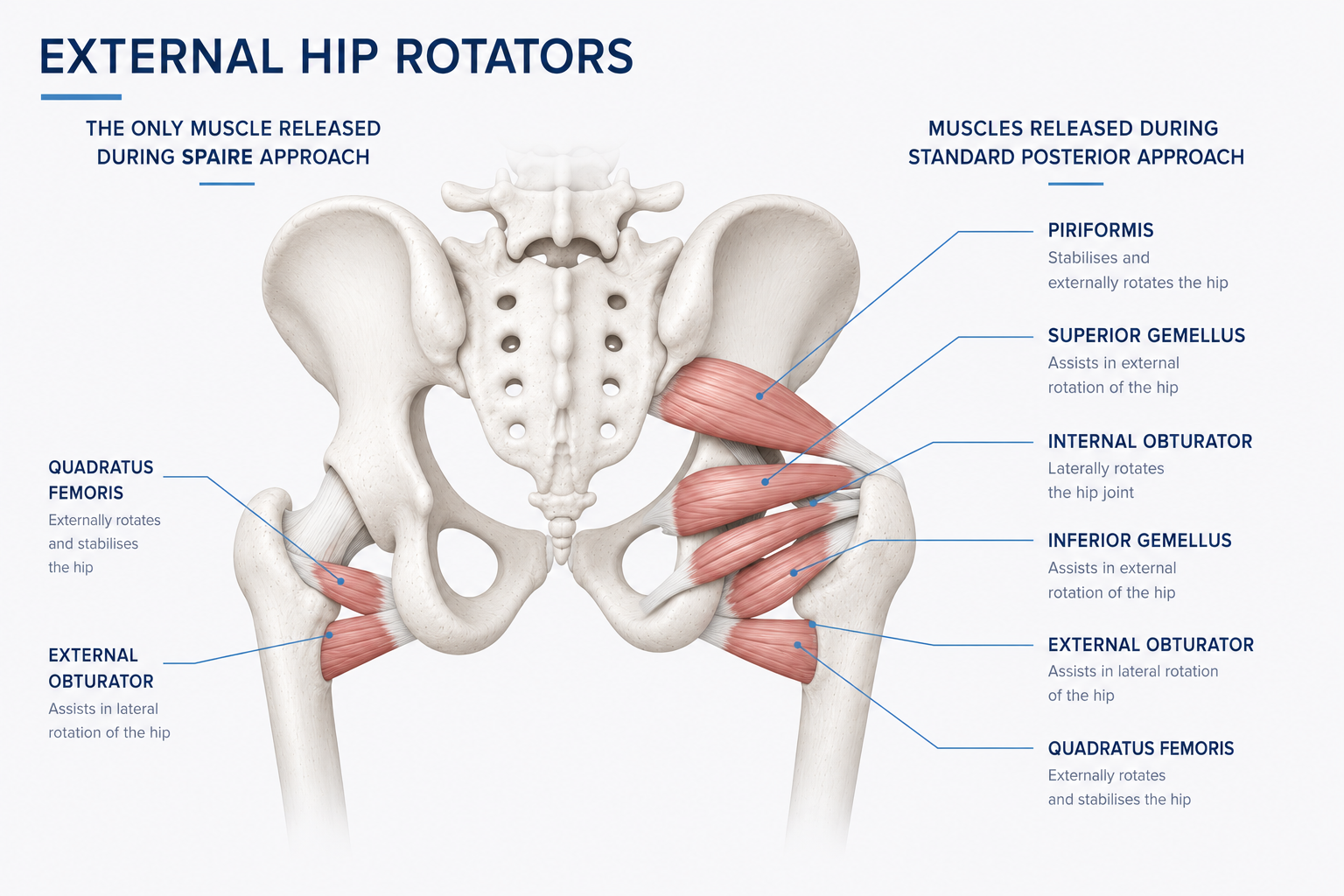 Illustration of the SPAIRE muscle-sparing hip replacement approach