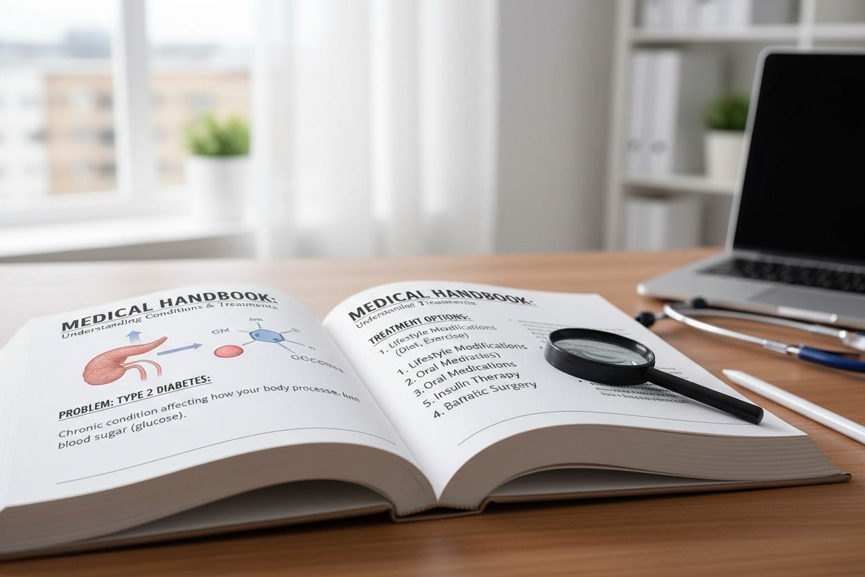 An open medical handbook on a desk displays information about type 2 diabetes alongside a magnifying glass, a laptop, and a stethoscope.